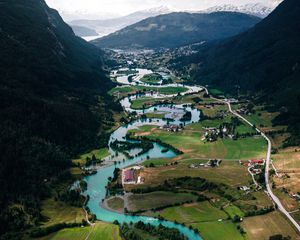 Preview wallpaper river, buildings, village, mountains, winding