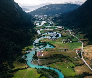 Preview wallpaper river, buildings, village, mountains, winding