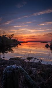 Preview wallpaper river, bushes, horizon, sunset, dark