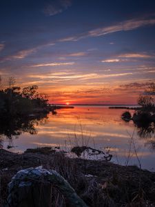 Preview wallpaper river, bushes, horizon, sunset, dark