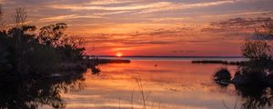 Preview wallpaper river, bushes, horizon, sunset, dark