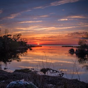 Preview wallpaper river, bushes, horizon, sunset, dark