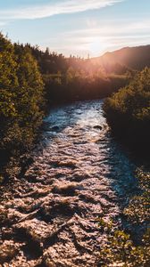 Preview wallpaper river, bushes, sun, rays, sky