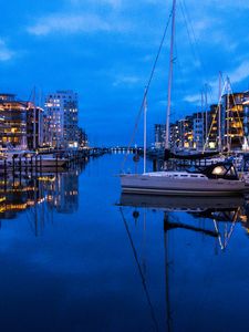 Preview wallpaper river, canal, boats, buildings, reflection, twilight