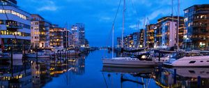 Preview wallpaper river, canal, boats, buildings, reflection, twilight