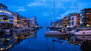 Preview wallpaper river, canal, boats, buildings, reflection, twilight