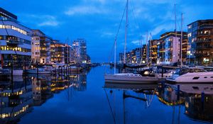 Preview wallpaper river, canal, boats, buildings, reflection, twilight