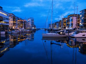 Preview wallpaper river, canal, boats, buildings, reflection, twilight