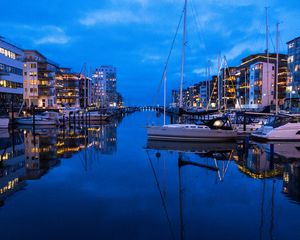 Preview wallpaper river, canal, boats, buildings, reflection, twilight