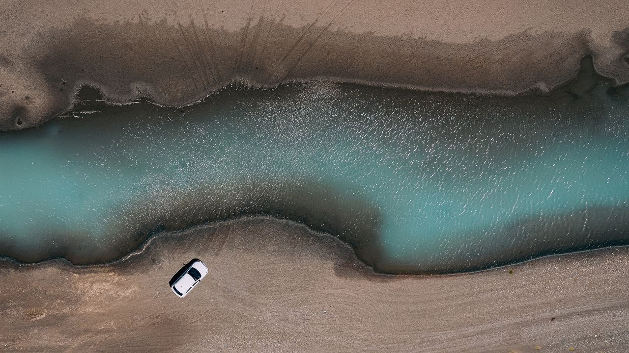 Wallpaper river, car, aerial view, shore, sand