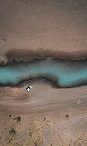 Preview wallpaper river, car, aerial view, shore, sand