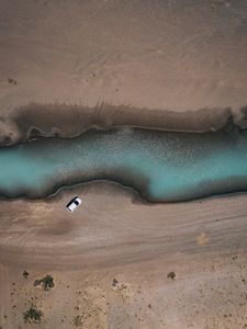 Preview wallpaper river, car, aerial view, shore, sand