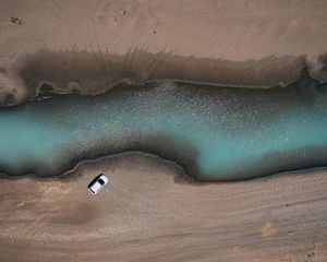 Preview wallpaper river, car, aerial view, shore, sand