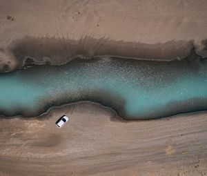 Preview wallpaper river, car, aerial view, shore, sand