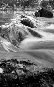 Preview wallpaper river, cascade, nature, bw, long exposure