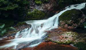 Preview wallpaper river, cascade, stones, grass, nature