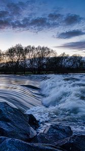 Preview wallpaper river, cascade, stones, trees, evening, landscape