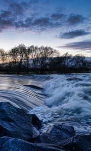 Preview wallpaper river, cascade, stones, trees, evening, landscape