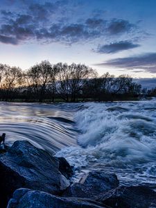 Preview wallpaper river, cascade, stones, trees, evening, landscape