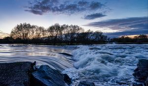 Preview wallpaper river, cascade, stones, trees, evening, landscape