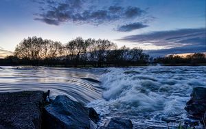 Preview wallpaper river, cascade, stones, trees, evening, landscape
