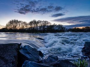 Preview wallpaper river, cascade, stones, trees, evening, landscape