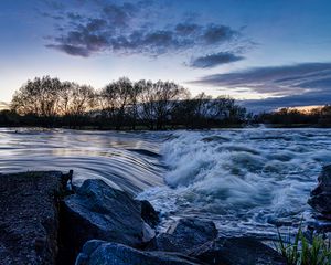 Preview wallpaper river, cascade, stones, trees, evening, landscape