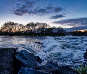 Preview wallpaper river, cascade, stones, trees, evening, landscape