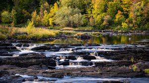 Preview wallpaper river, cascade, water, rocks, forest, landscape