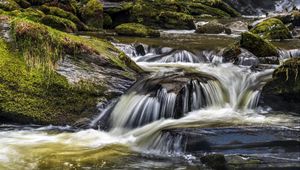 Preview wallpaper river, cascade, water, moss