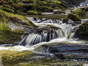 Preview wallpaper river, cascade, water, moss