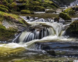 Preview wallpaper river, cascade, water, moss