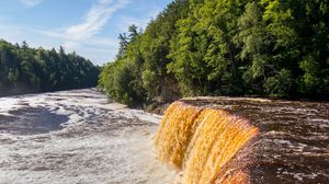 Preview wallpaper river, cascade, waterfall, trees, forest