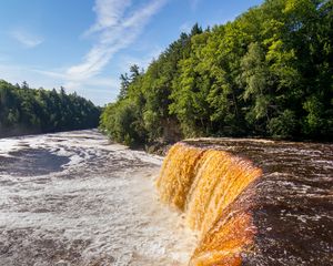 Preview wallpaper river, cascade, waterfall, trees, forest
