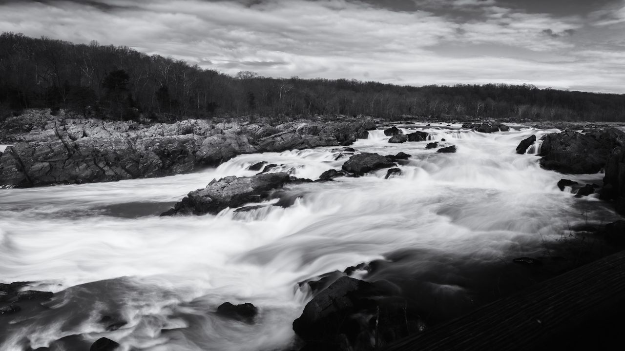 Wallpaper river, cascades, stones, nature, black and white