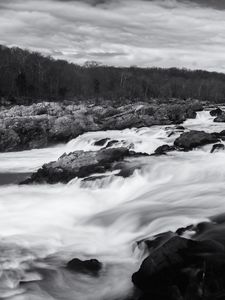 Preview wallpaper river, cascades, stones, nature, black and white