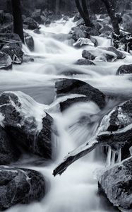 Preview wallpaper river, cascades, stones, long exposure, ice, black and white