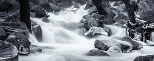 Preview wallpaper river, cascades, stones, long exposure, ice, black and white