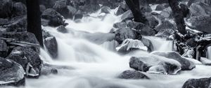 Preview wallpaper river, cascades, stones, long exposure, ice, black and white