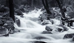 Preview wallpaper river, cascades, stones, long exposure, ice, black and white