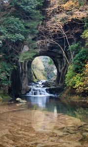 Preview wallpaper river, cave, trees, nature, landscape