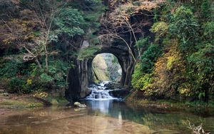 Preview wallpaper river, cave, trees, nature, landscape