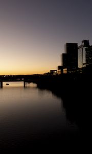 Preview wallpaper river, city, buildings, bridge, dark, shadows