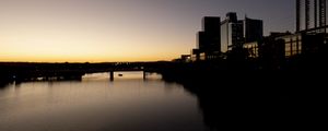 Preview wallpaper river, city, buildings, bridge, dark, shadows