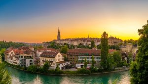 Preview wallpaper river, city, embankment, architecture, bridge, switzerland