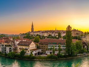 Preview wallpaper river, city, embankment, architecture, bridge, switzerland