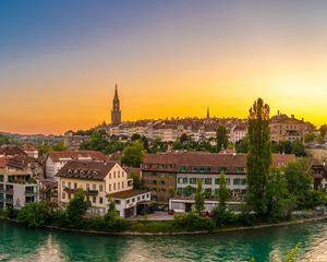 Preview wallpaper river, city, embankment, architecture, bridge, switzerland