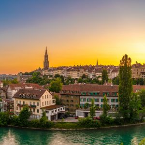 Preview wallpaper river, city, embankment, architecture, bridge, switzerland