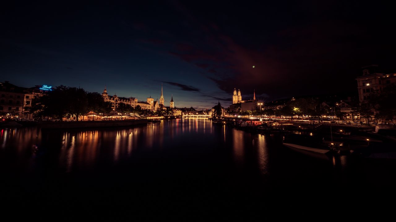 Wallpaper river, city, night, lights, reflection, dark