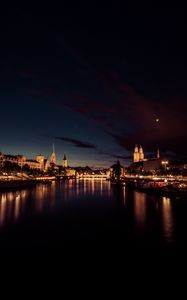 Preview wallpaper river, city, night, lights, reflection, dark